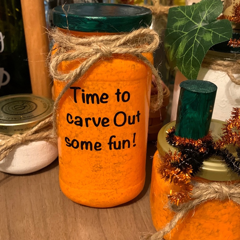 Hand Crafted- ‘time to carve out some fun’ pumpkin storage jar